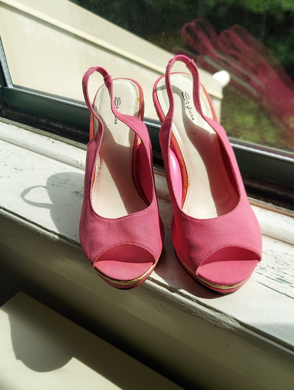 Styluxe Size 7.5 Hot Pink Peep-Toe Espadrille Wedge Platform Slingback Heels